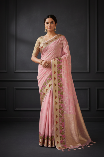 Banarasi Peach Kota Silk - Parsi Border Saree