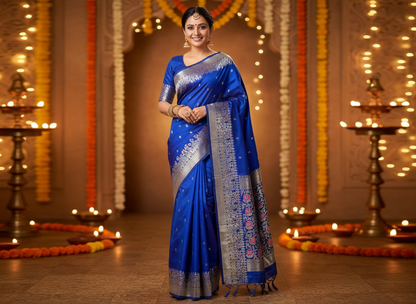 Royal Blue Banarasi Katan Silk Saree with Tilfi Meenakari Border -  Designer Traditional wear
