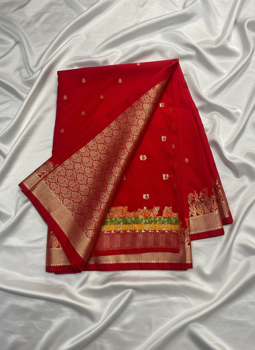 Red Banarasi Katan Silk Saree with Tilfi Meenakari Border -  Designer Traditional wear