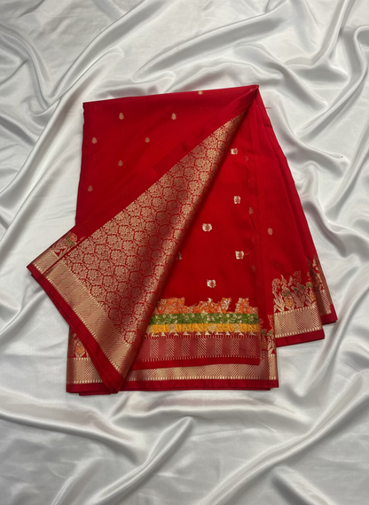 Red Banarasi Katan Silk Saree with Tilfi Meenakari Border -  Designer Traditional wear