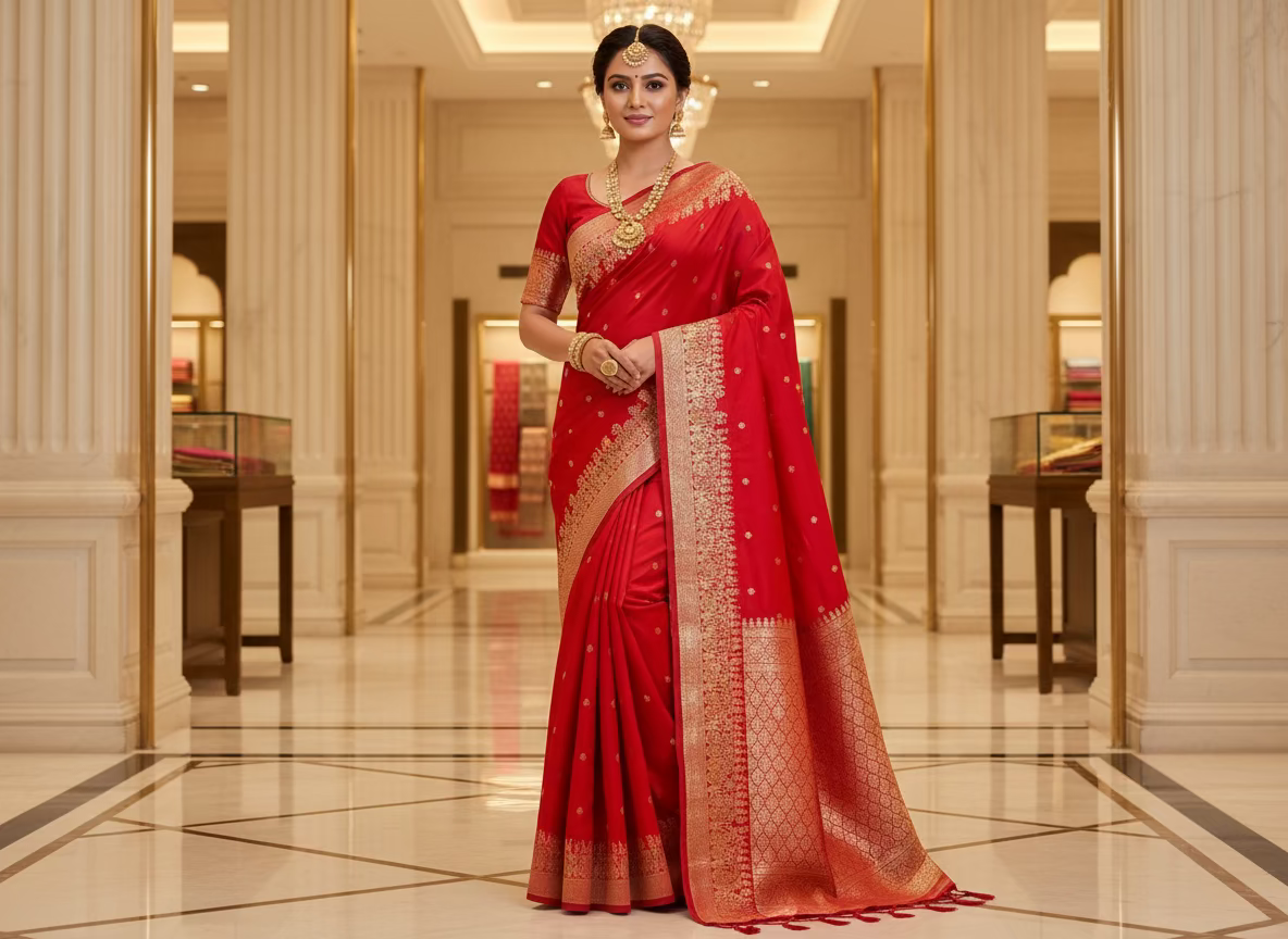 Red Banarasi Katan Silk Saree with Tilfi Meenakari Border -  Designer Traditional wear