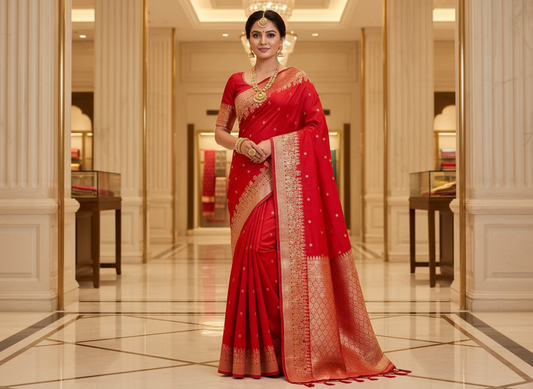 Red Banarasi Katan Silk Saree with Tilfi Meenakari Border -  Designer Traditional wear