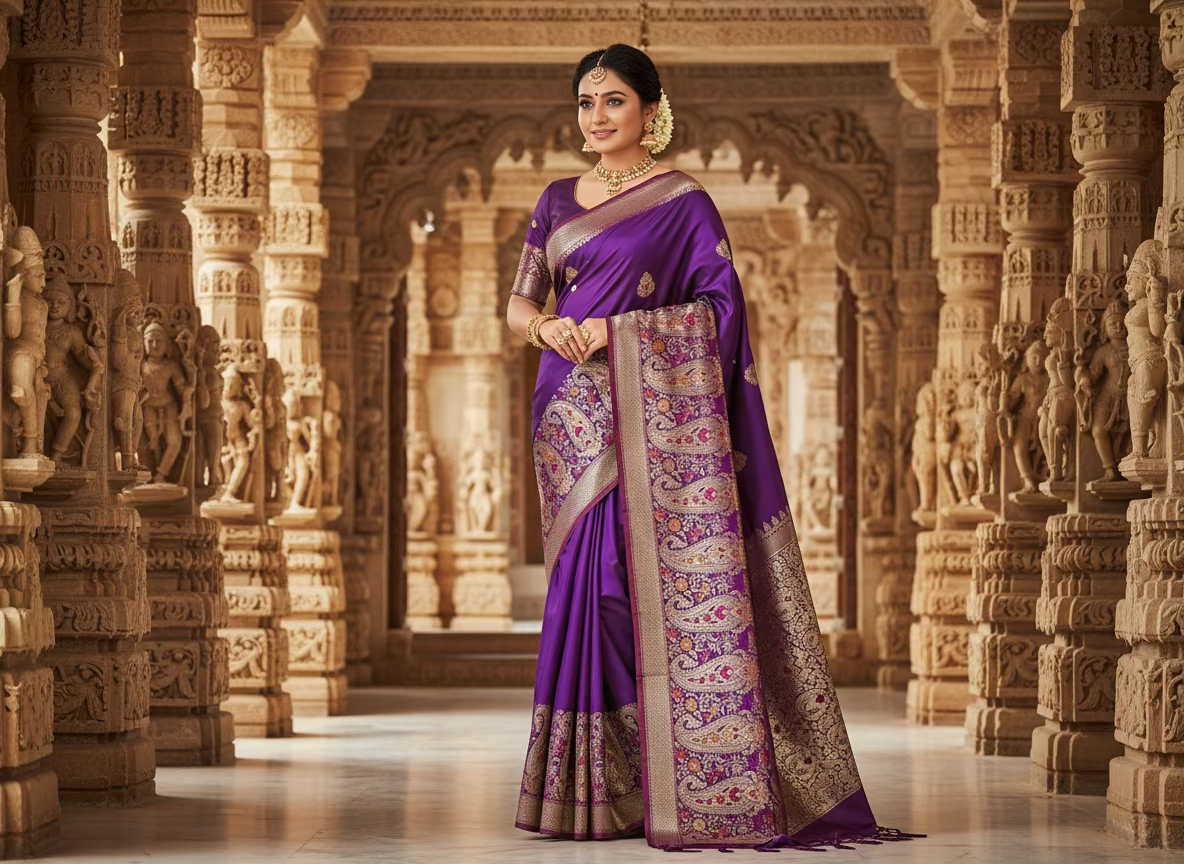 Purple  Banarasi Tilfi Woven Meenakari Katan Silk Saree - Traditional wear