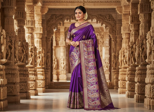 Purple  Banarasi Tilfi Woven Meenakari Katan Silk Saree - Traditional wear