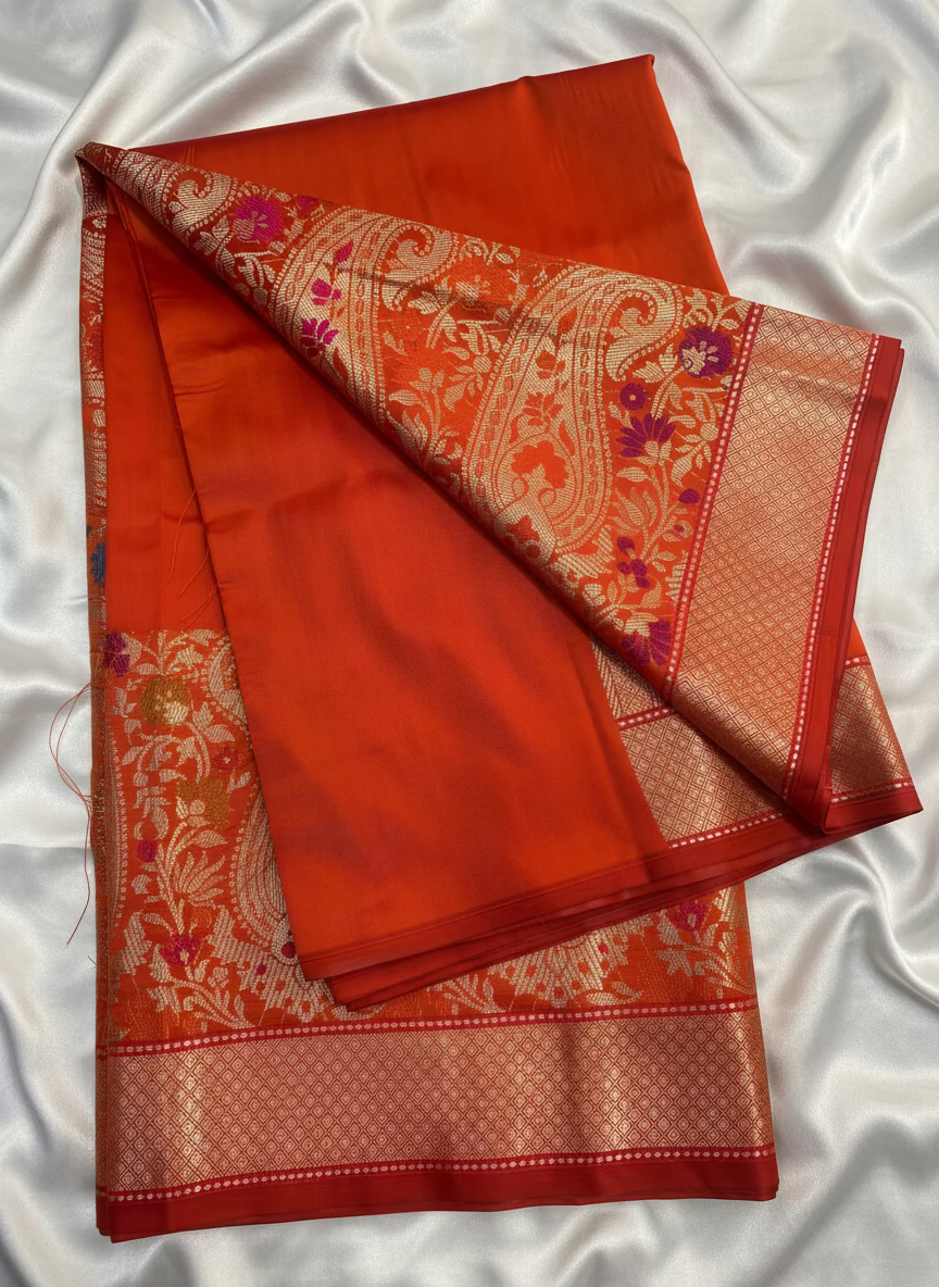 Orange Banarasi Tilfi Woven Meenakari Katan Silk Saree - Traditional wear