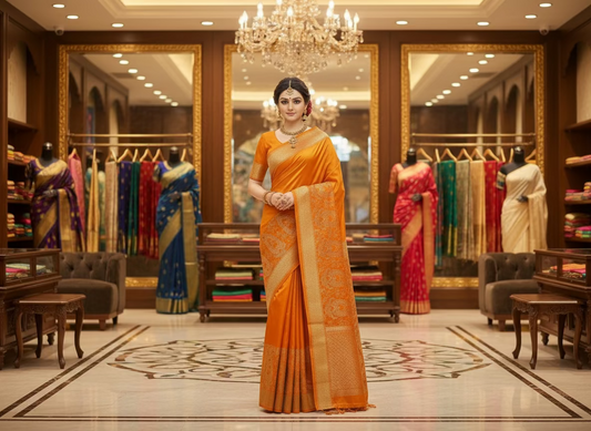 Orange Banarasi Tilfi Woven Meenakari Katan Silk Saree - Traditional wear