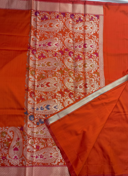 Orange Banarasi Tilfi Woven Meenakari Katan Silk Saree - Traditional wear