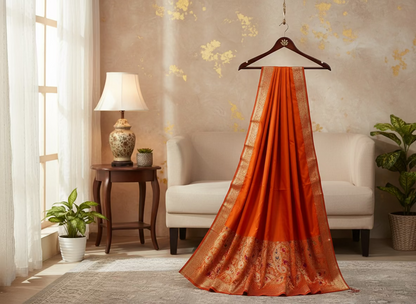 Orange Banarasi Tilfi Woven Meenakari Katan Silk Saree - Traditional wear