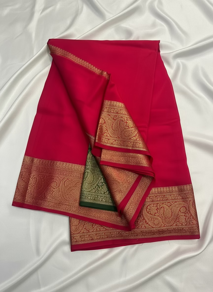 Magenta Banarasi Crape Silk Saree with Copper Zari Border - Traditional Wear