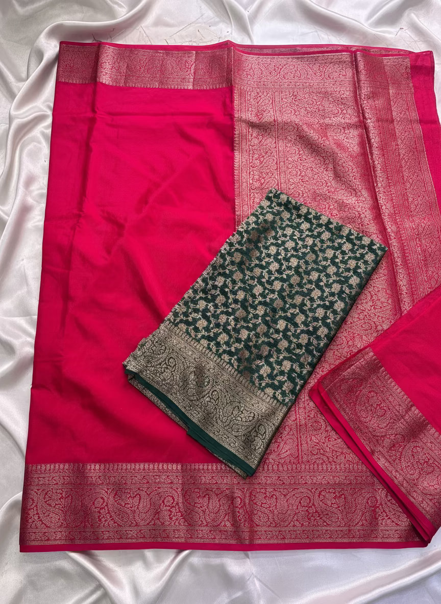 Magenta Banarasi Crape Silk Saree with Copper Zari Border - Traditional Wear