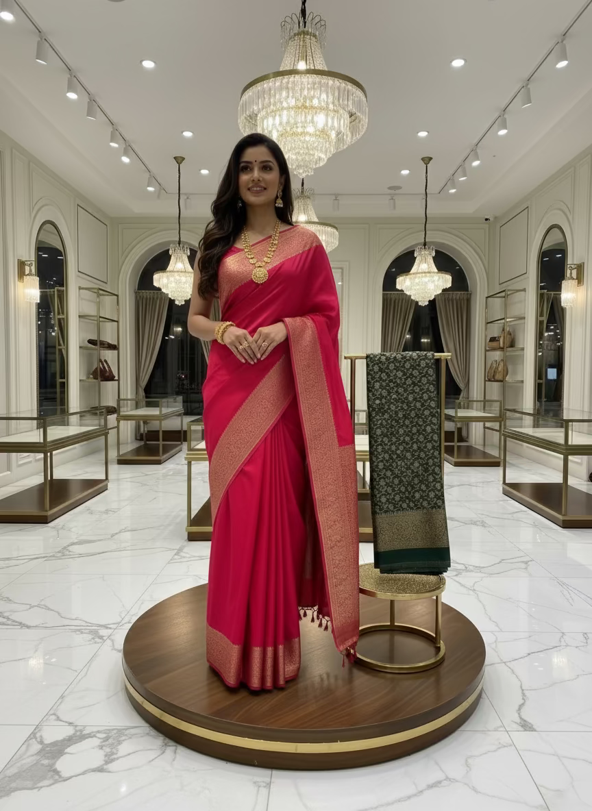 Magenta Banarasi Crape Silk Saree with Copper Zari Border - Traditional Wear