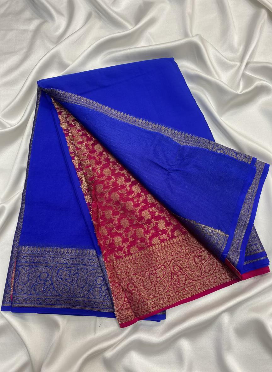 Royal Blue Banarasi Crape Silk Saree with Copper Zari Border -  Designer Traditional wear