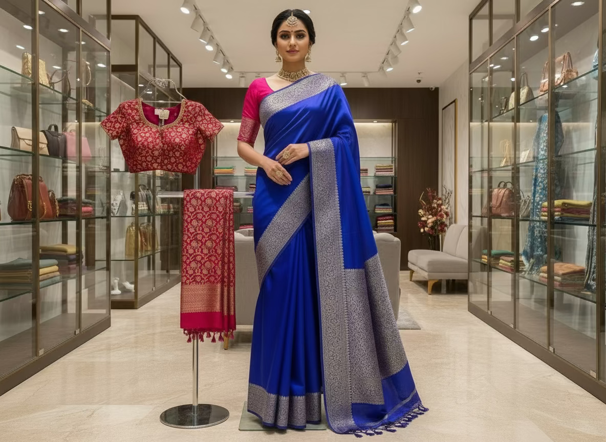 Royal Blue Banarasi Crape Silk Saree with Copper Zari Border -  Designer Traditional wear