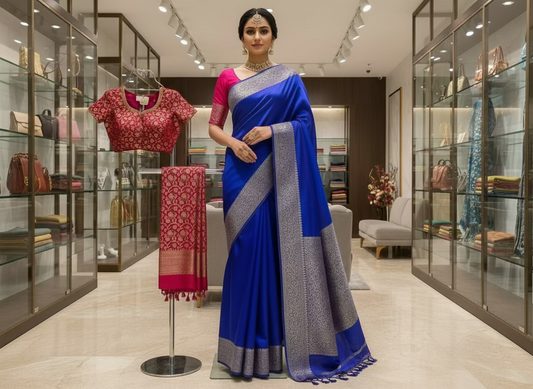 Royal Blue Banarasi Crape Silk Saree with Copper Zari Border -  Designer Traditional wear