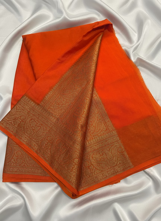 Orange Banarasi Crape Silk Saree with Gold Zari Border - Traditional Wear