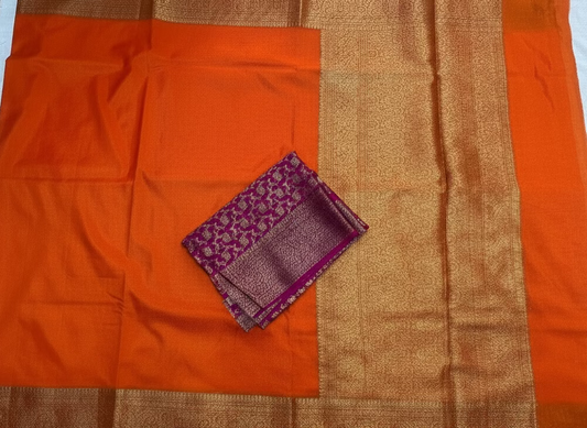 Orange Banarasi Crape Silk Saree with Gold Zari Border - Traditional Wear