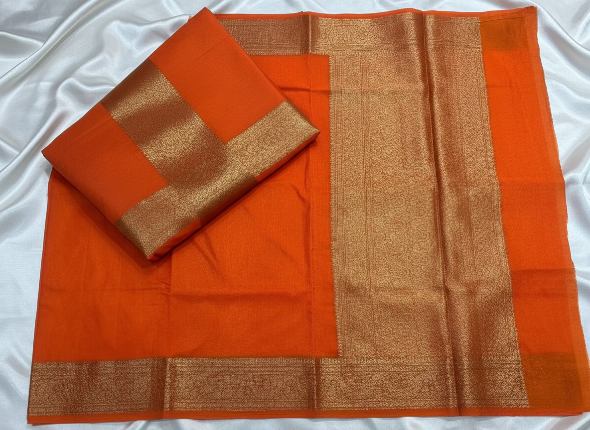 Orange Banarasi Crape Silk Saree with Gold Zari Border - Traditional Wear