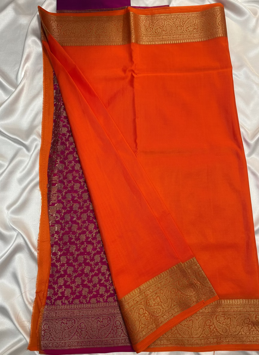 Orange Banarasi Crape Silk Saree with Gold Zari Border - Traditional Wear