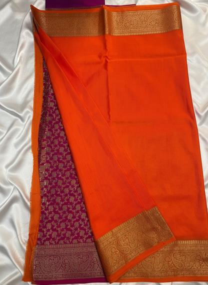Orange Banarasi Crape Silk Saree with Gold Zari Border - Traditional Wear