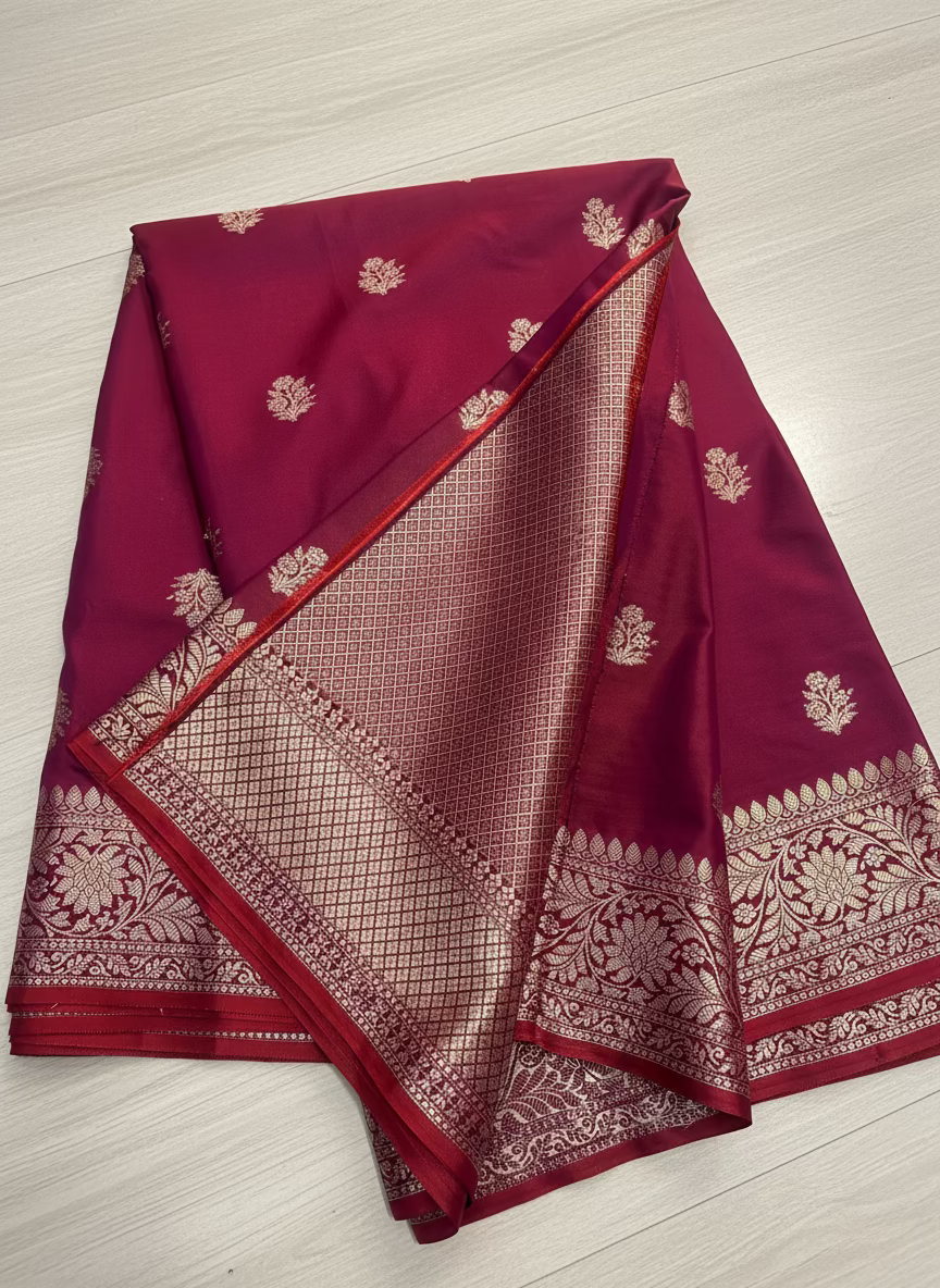 Maroon Banarasi Katan Mashru Silk Saree  -  Traditional Wear