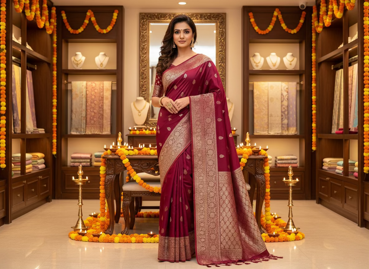 Maroon Banarasi Katan Mashru Silk Saree  -  Traditional Wear