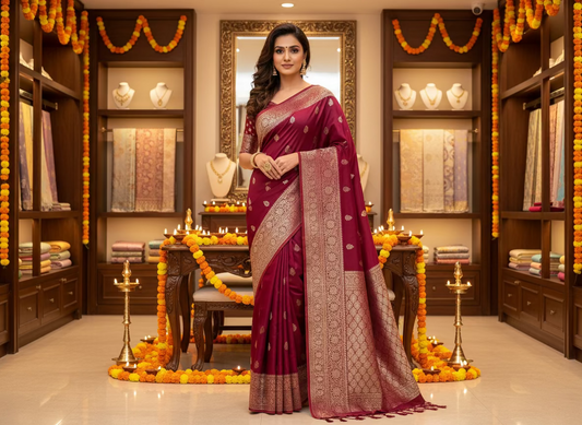 Maroon Banarasi Katan Mashru Silk Saree  -  Traditional Wear