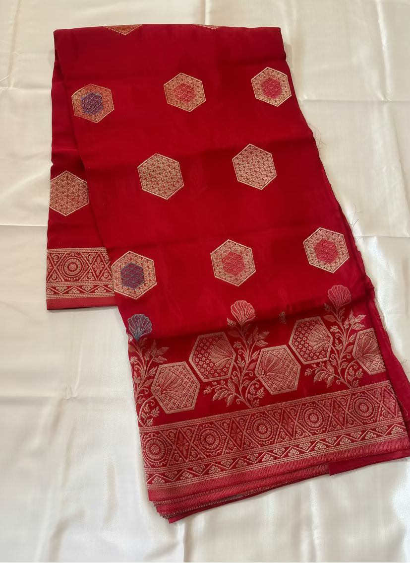 Bight Red Banarasi Pure Mashru Silk with Hexagon shaped Flower Motifs - Designer Party Wear