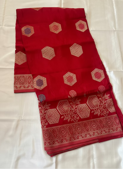 Bight Red Banarasi Pure Mashru Silk with Hexagon shaped Flower Motifs - Designer Party Wear