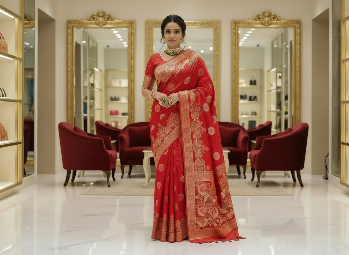 Bight Red Banarasi Pure Mashru Silk with Hexagon shaped Flower Motifs - Designer Party Wear