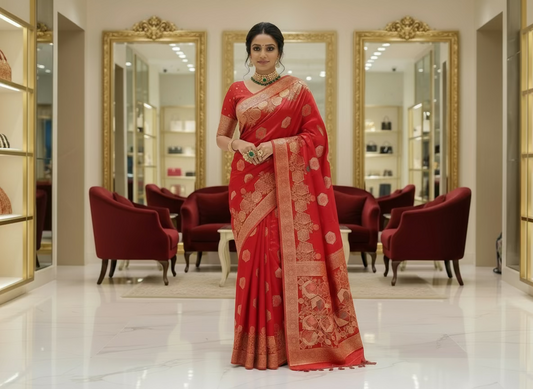 Bight Red Banarasi Pure Mashru Silk with Hexagon shaped Flower Motifs - Designer Party Wear