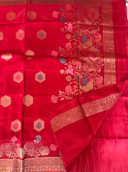 Bight Red Banarasi Pure Mashru Silk with Hexagon shaped Flower Motifs - Designer Party Wear