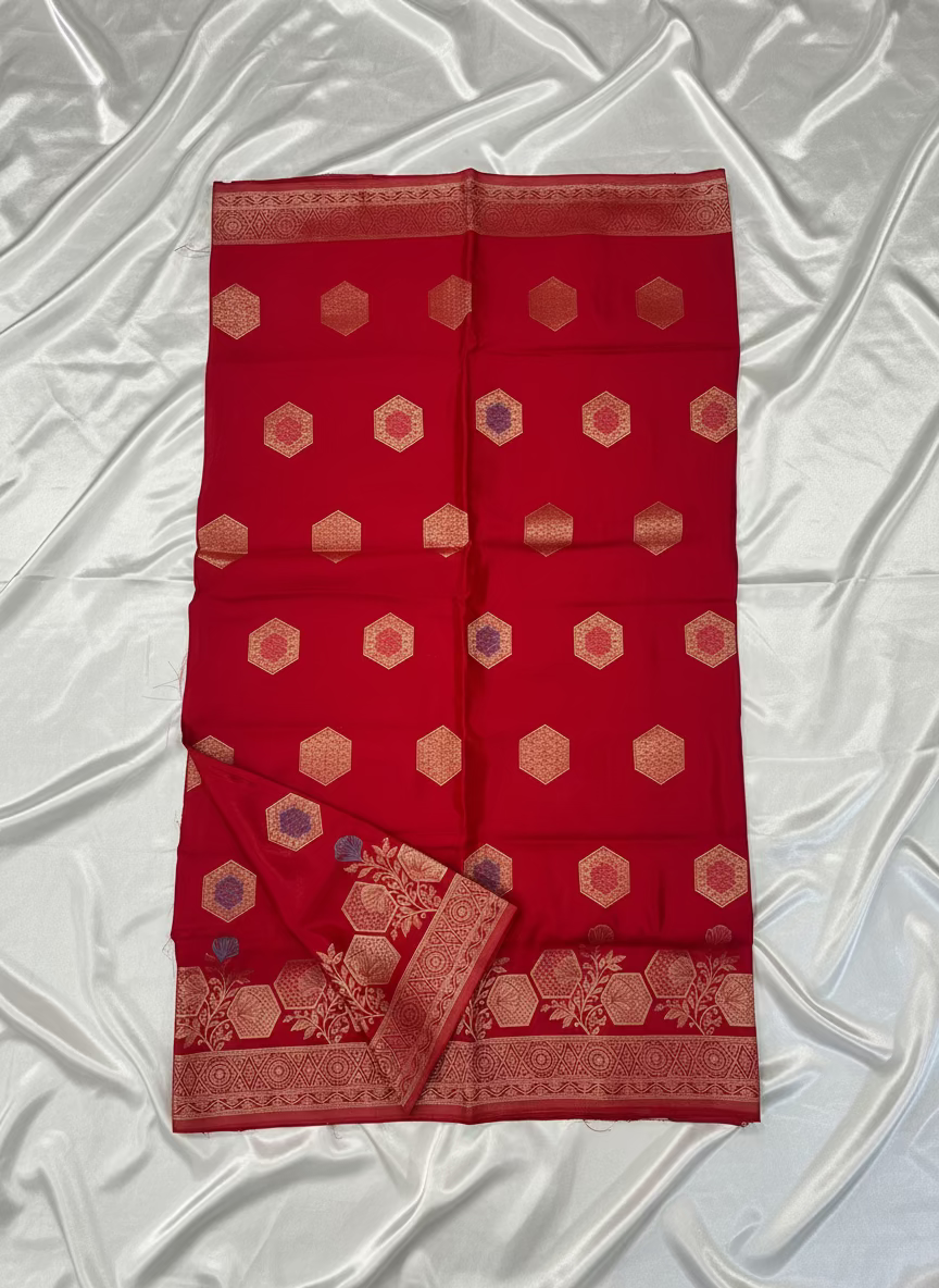 Bight Red Banarasi Pure Mashru Silk with Hexagon shaped Flower Motifs - Designer Party Wear