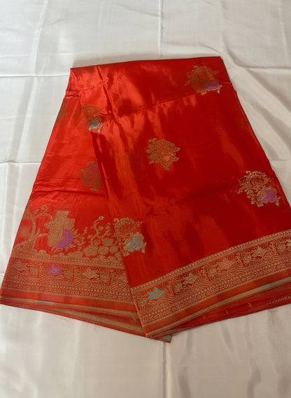 Orange Banarasi Pure Mashru Silk with Sona Rupa Flower Motifs - Designer Party Wear