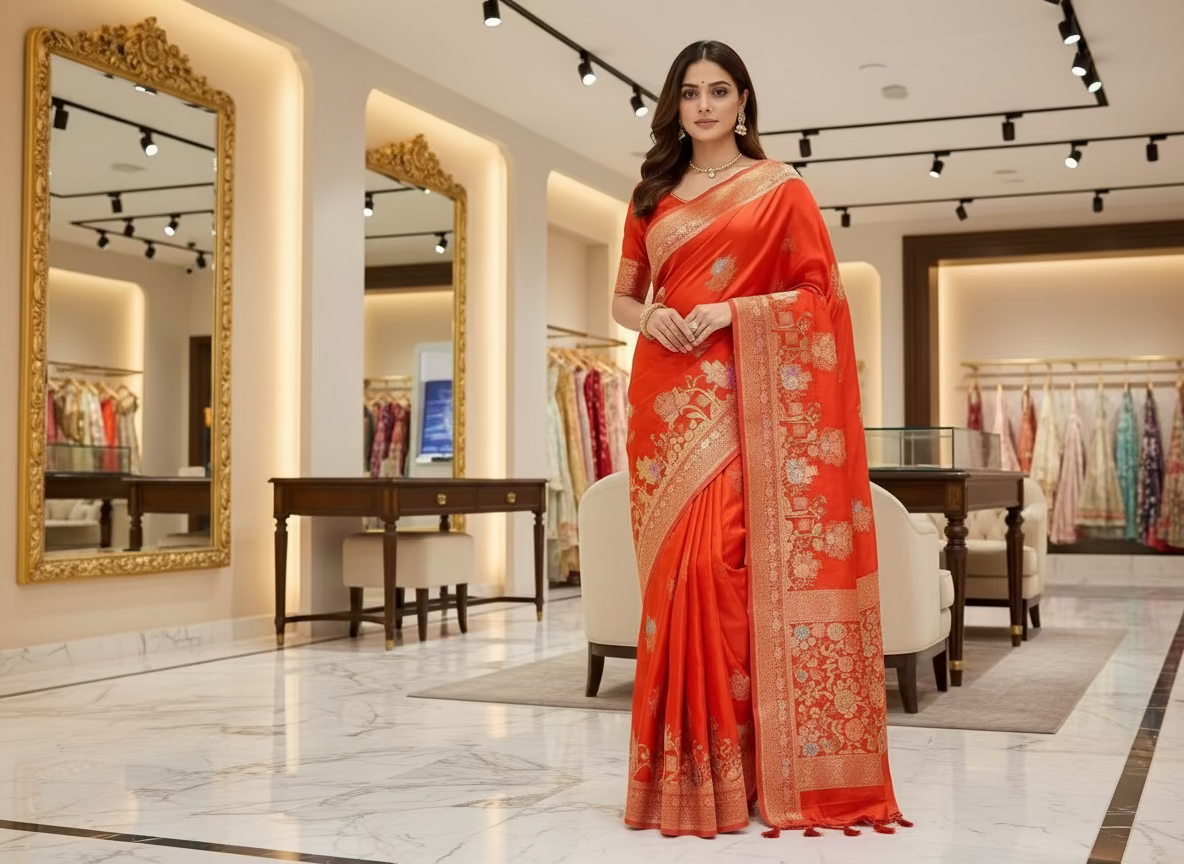 Orange Banarasi Pure Mashru Silk with Sona Rupa Flower Motifs - Designer Party Wear