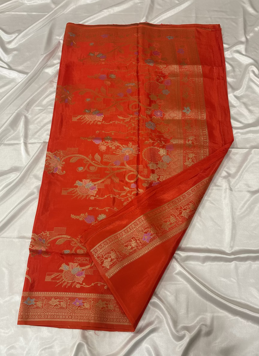 Orange Banarasi Pure Mashru Silk with Sona Rupa Flower Motifs - Designer Party Wear