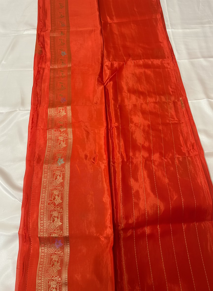 Orange Banarasi Pure Mashru Silk with Sona Rupa Flower Motifs - Designer Party Wear