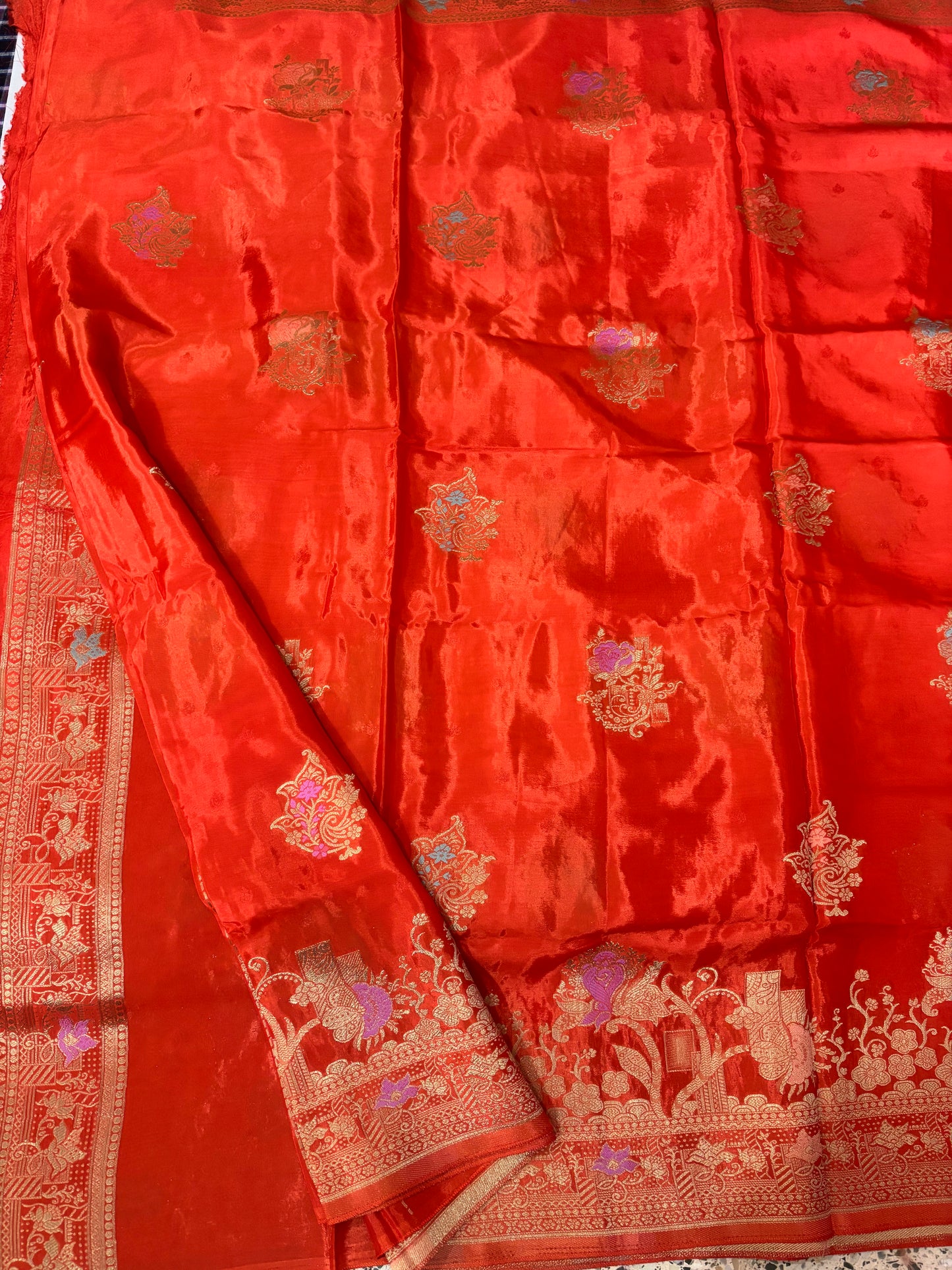 Orange Banarasi Pure Mashru Silk with Sona Rupa Flower Motifs - Designer Party Wear