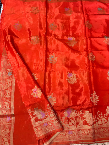 Orange Banarasi Pure Mashru Silk with Sona Rupa Flower Motifs - Designer Party Wear