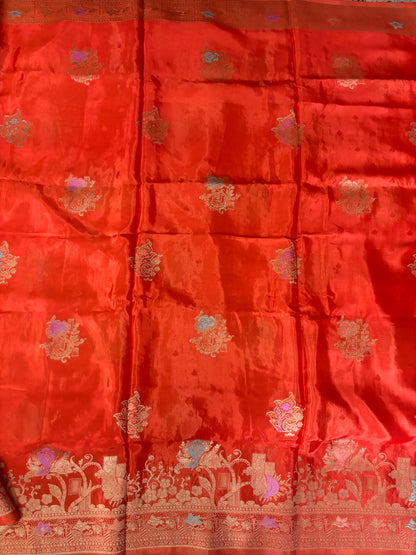 Orange Banarasi Pure Mashru Silk with Sona Rupa Flower Motifs - Designer Party Wear