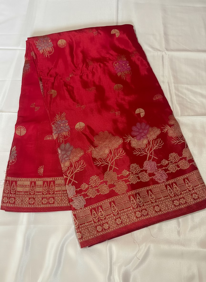 Red Banarasi Pure Mashru Silk with Golden Rose Weaving Pallu - Designer Party Wear