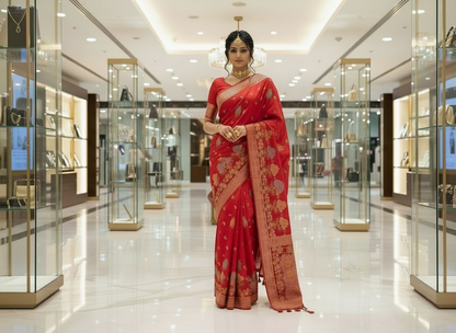 Red Banarasi Pure Mashru Silk with Golden Rose Weaving Pallu - Designer Party Wear