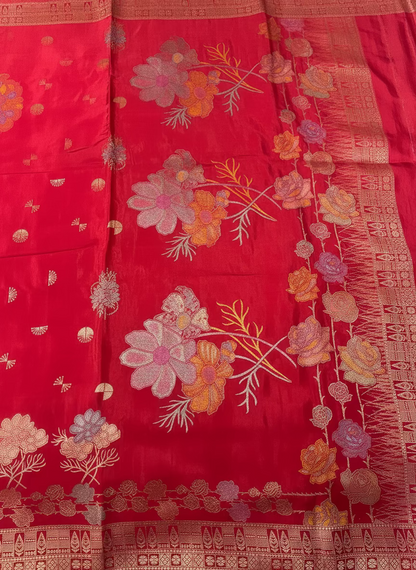 Red Banarasi Pure Mashru Silk with Golden Rose Weaving Pallu - Designer Party Wear