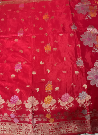 Red Banarasi Pure Mashru Silk with Golden Rose Weaving Pallu - Designer Party Wear