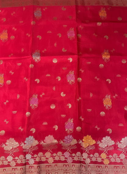 Red Banarasi Pure Mashru Silk with Golden Rose Weaving Pallu - Designer Party Wear