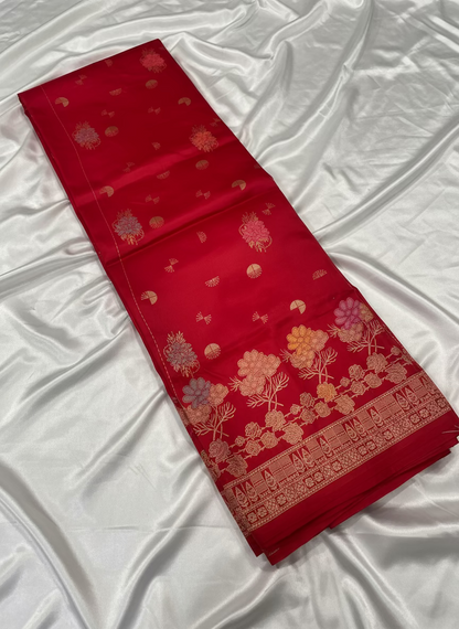 Red Banarasi Pure Mashru Silk with Golden Rose Weaving Pallu - Designer Party Wear