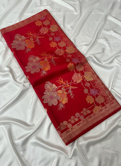 Red Banarasi Pure Mashru Silk with Golden Rose Weaving Pallu - Designer Party Wear