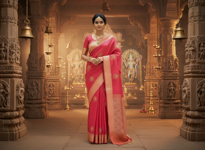 Onion Pink Banarasi Pure Mashru Silk with Tanchui Weaving & Floral pattern - Designer Ethnic Wear