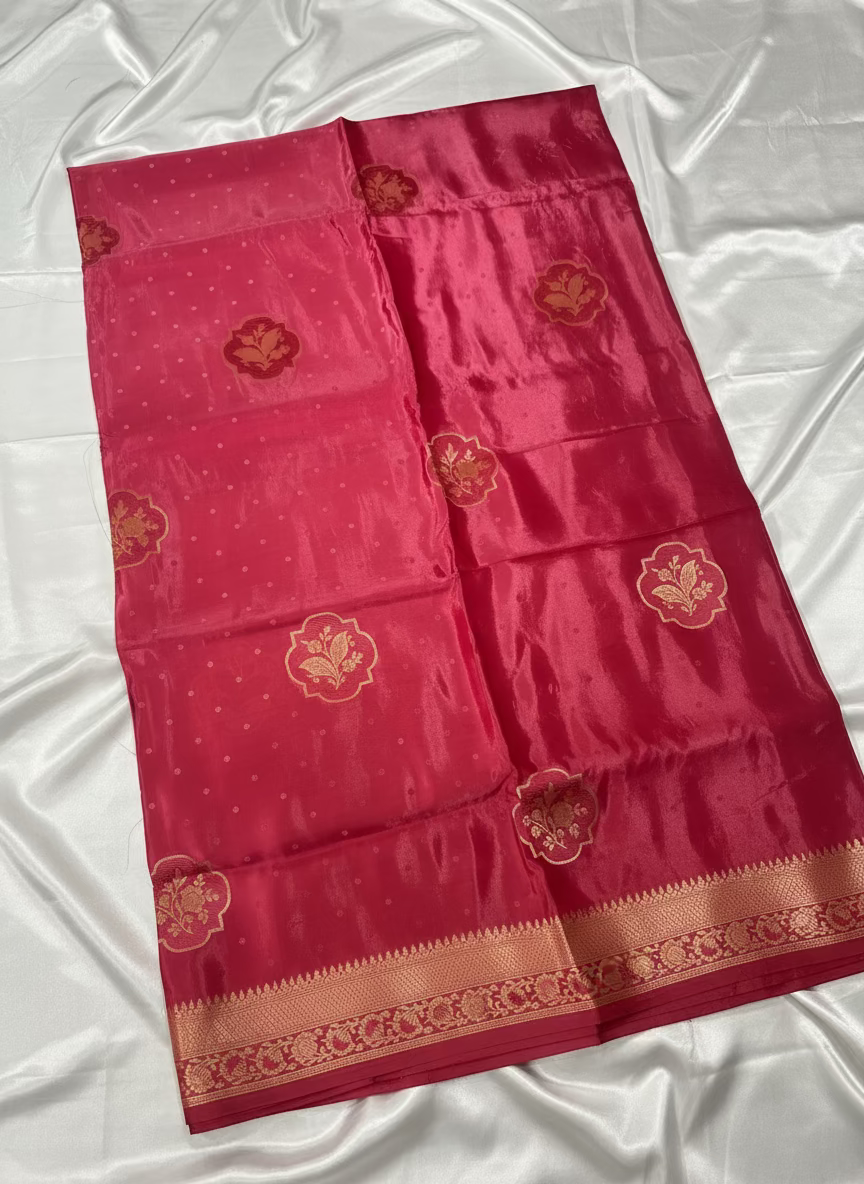 Onion Pink Banarasi Pure Mashru Silk with Tanchui Weaving & Floral pattern - Designer Ethnic Wear