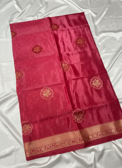 Onion Pink Banarasi Pure Mashru Silk with Tanchui Weaving & Floral pattern - Designer Ethnic Wear