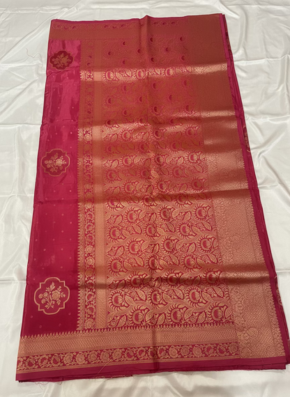 Onion Pink Banarasi Pure Mashru Silk with Tanchui Weaving & Floral pattern - Designer Ethnic Wear